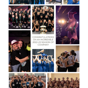 A Well Wishes collage features dance team photos—group shots, candid moments, award celebrations, and hugs—with a central message: "Congratulations on an incredible 2022-23 season of company.