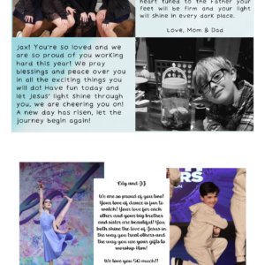 A collage for "Well Wishes" features children together, a boy smiling at a table, one breakdancing, and handwritten-style text blocks with encouraging and loving family messages.