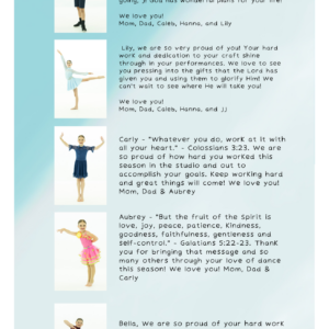 Well Wishes is a collage featuring photos of young girls in dance costumes, each paired with her name and a supportive note from family, including encouragement, Bible verses, and wishes for continued growth.
