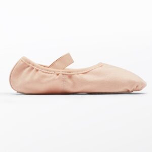 The Canvas No-Tie Ballet Shoe is shown in light pink with a single elastic strap across the top, displayed in side profile against a plain white background.