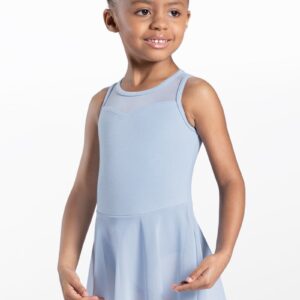 Young girl with hair in a bun wears the Light Blue Kids Cotton High-Low Dress, smiling and posing against a plain white background.