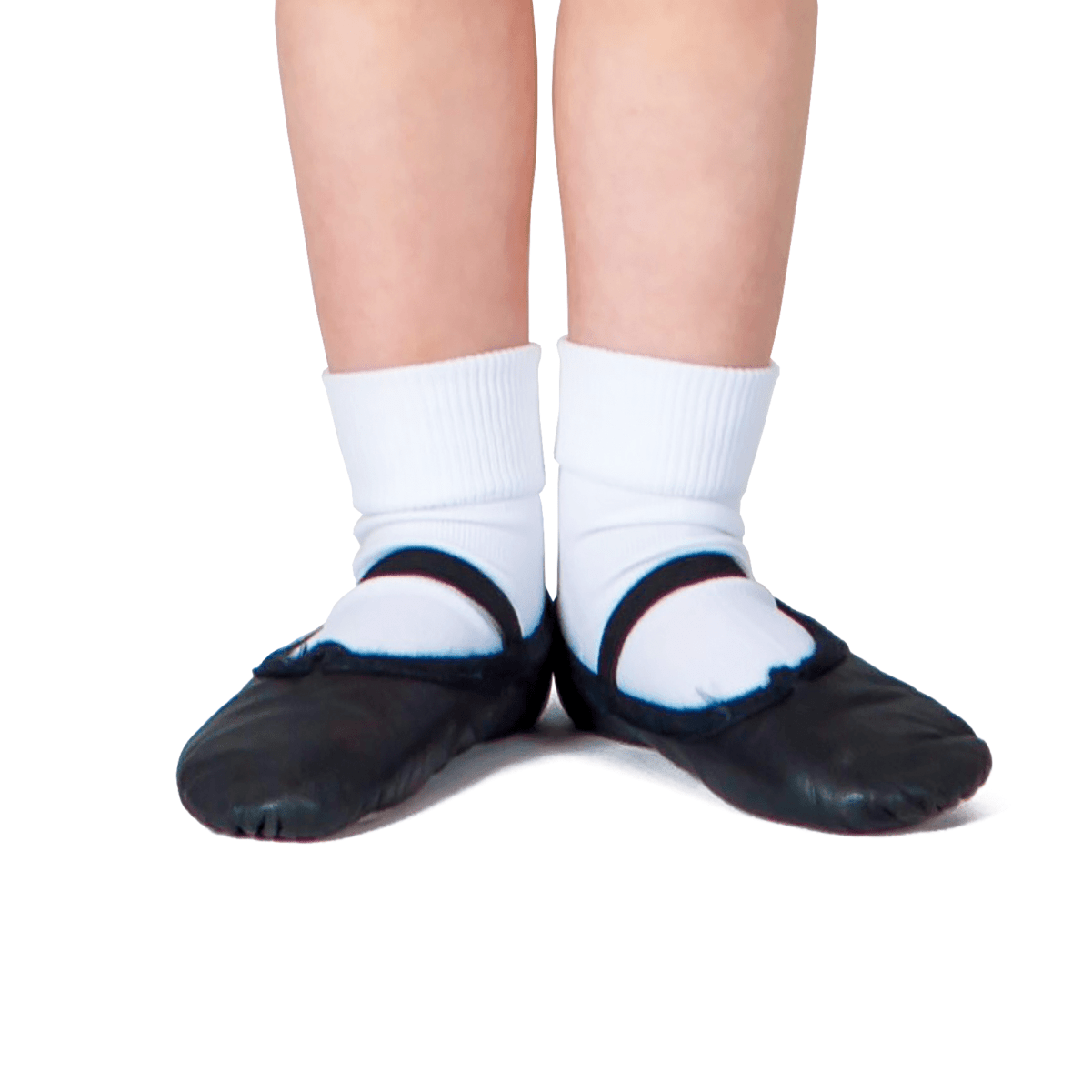 A close-up of a child's feet wearing white socks and the Sansha Star Canvas Black Ballet Shoe, standing in ballet’s first position with toes pointed outward.