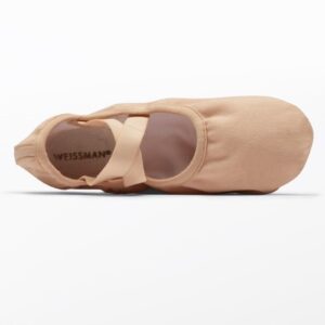 A tan Weissman 4-Way Stretch Split Sole Ballet Shoe with a crisscross elastic strap across the top, viewed from above on a white background. The insole displays the WEISSMAN brand name.