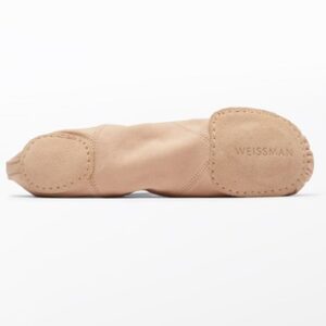 The Weissman 4-Way Stretch Split Sole Ballet Shoe in beige is shown from the bottom with stitched suede toe and heel pads. "WEISSMAN" is stamped on the heel pad. The background is white.