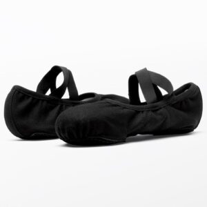 The Weissman 4-Way Stretch Split Sole Ballet Shoes in black, featuring elastic straps, are displayed on a white background with one shoe positioned slightly ahead of the other.