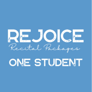 IMG_0653 Text on a blue background reads: Recital Package for One Student in bold and script fonts.