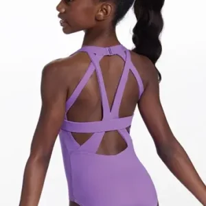 A young girl with a high ponytail is shown from the back, wearing the Strappy Cutout Halter Leotard in purple, featuring multiple straps and geometric cutout details.