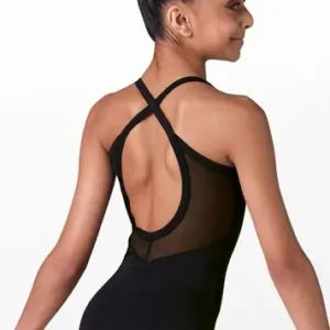 A young girl with dark hair in a bun wears the Open Mesh-Back Cami Leotard, featuring crisscross straps and a mesh back, as she smiles over her shoulder against a plain light background.