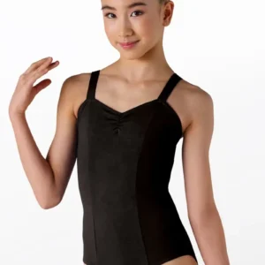 A young person with dark hair in a neat bun smiles gently while posing in the Cotton Princess Seam Leotard against a white background.