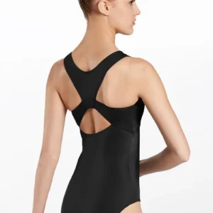 A young woman with her hair in a bun models the Racerback Leotard, a black sleeveless style featuring a racerback and keyhole cutout, shown from the back against a plain white background.