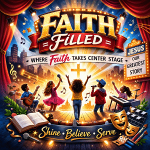 Children shine on stage at Faith Filled Theatre Camp, surrounded by musical instruments, theater masks, faith-inspired signs, and a glowing cross. Text: “Faith Filled Theatre Camp—Where Faith Takes Center Stage.”.