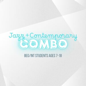 Text in light blue and gray on a geometric gray background reads: Combos 12+ Summer Sessions. Beginners/Intermediate students ages 12 and up.