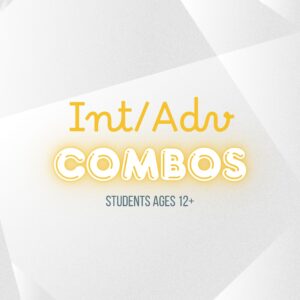 Text graphic featuring “Combos 12+ Summer Sessions” in bold yellow and white, with “Students Ages 12+” in smaller gray text on a light geometric background.