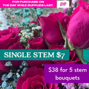 Close-up of pink roses, white babys breath, and colorful decorations. Text advertises pre-order recital flowers: single stem $7, 5-stem bouquet $38. Litis Garden logo in bottom right corner.