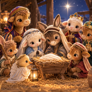 Anthropomorphic animal characters from the Nativity Animals Package (Ages 2-8) in traditional nativity attire gather around a manger containing a bundle in a stable at night.