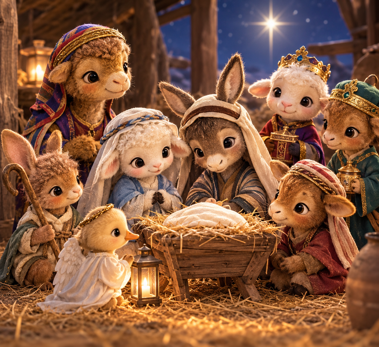 Anthropomorphic animal characters from the Nativity Animals Package (Ages 2-8) in traditional nativity attire gather around a manger containing a bundle in a stable at night.