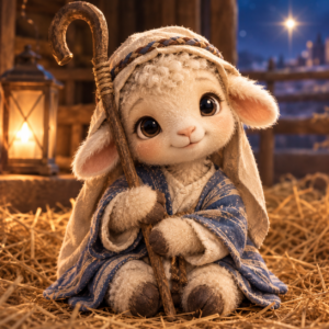 An Additional Parade Mouse (Ages 2-7) (Copy) plush lamb dressed as a shepherd in a blue robe and head covering, sitting in straw and holding a wooden crook.