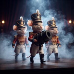 Three Walking Mice dressed as toy soldiers march across a stage, with the center mouse carrying a small cannon.