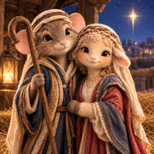 The Guardian T-Shirt features an anthropomorphic mouse and lamb in traditional robes standing in a stable at night with a bright star shining in the background.
