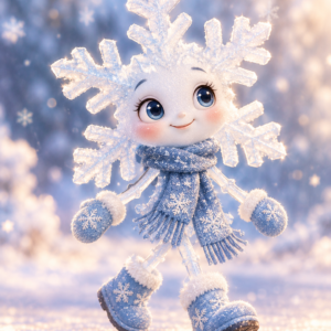 A cartoon snowflake character with a face, wearing a blue scarf, mittens, and boots, walks through a snowy landscape as part of the Nativity Animals Package (Ages 2-8).