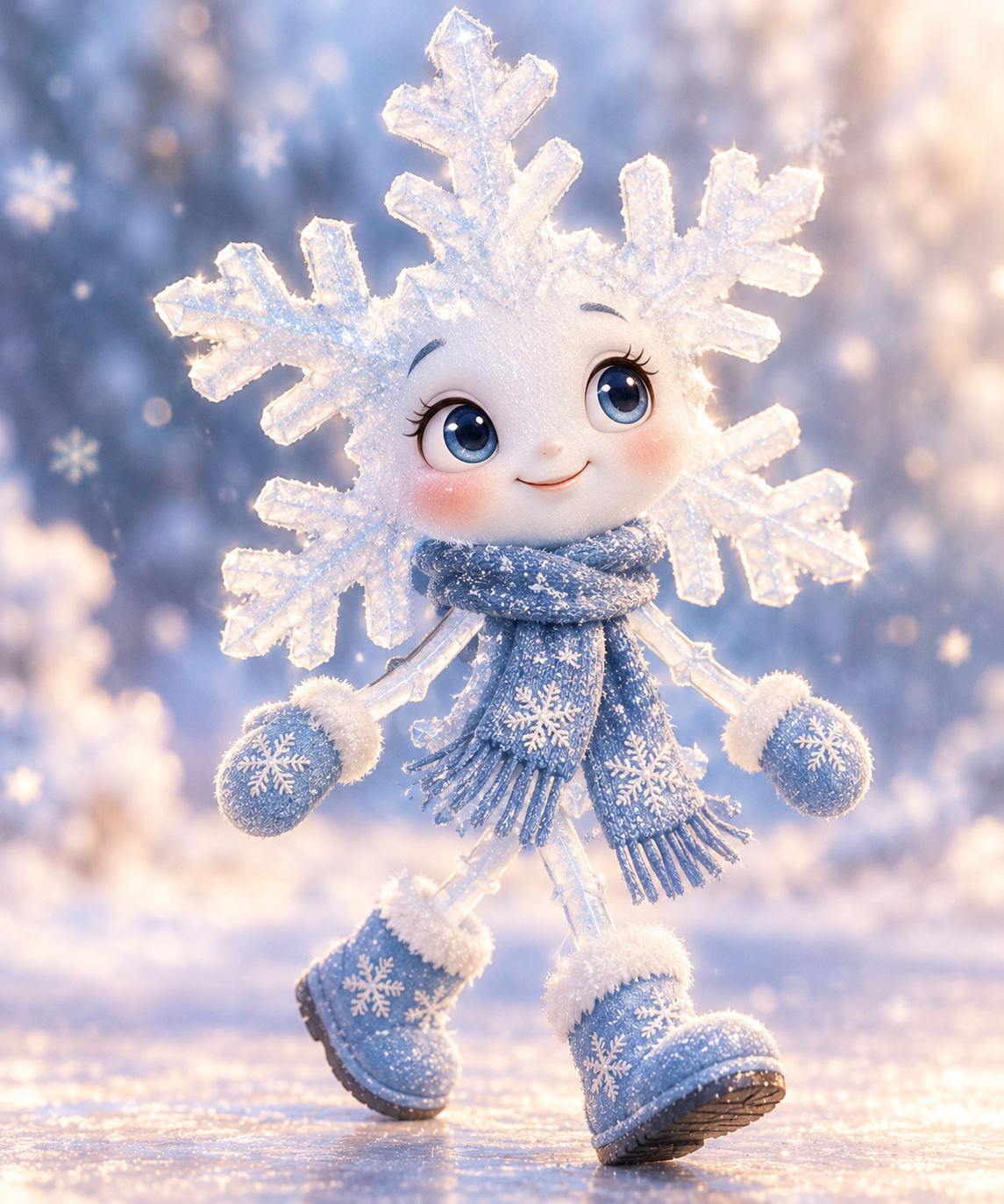 Walking Snowflake 1 A cartoon snowflake character with a face, wearing a blue scarf, mittens, and boots, walks through a snowy landscape as part of the Nativity Animals Package (Ages 2-8).